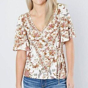 LUCKY BRAND Floral Print Wrap Top Cream Ivory Multi Short Sleeve Boho Surplice M